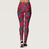 Leggings Roses rouges avec feuilles gris sur noir (Dos)