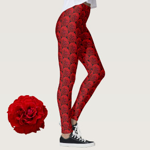Leggings Roses Rouges Classiques sur Fond Noir
