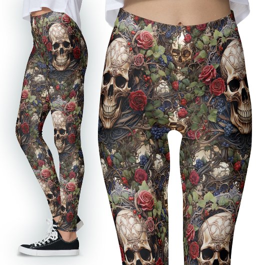 Leggings Roses rouges Crânes celtiques Vert Feuille Nature