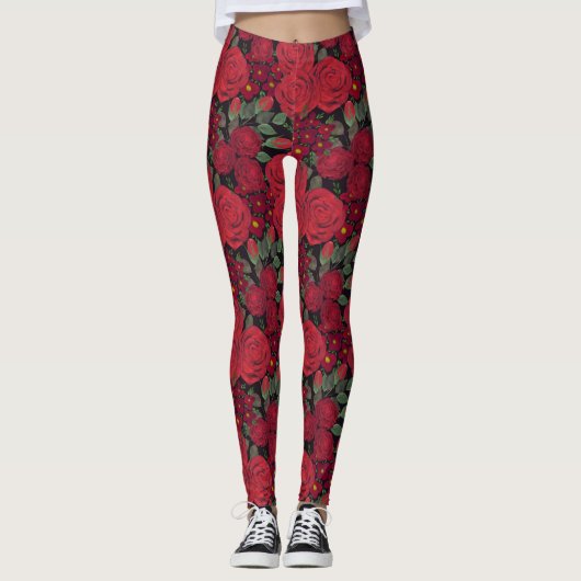 Leggings Roses rouges d'aquarelle sur le noir, (Devant)