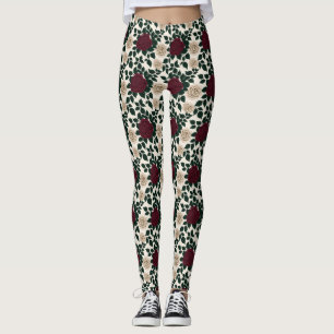 Leggings Roses rouges et bordeaux luxuriantes avec des feui