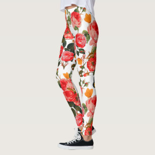 Leggings ROSES ROUGES ET BOUTEILLES JAUNES Floral blanc