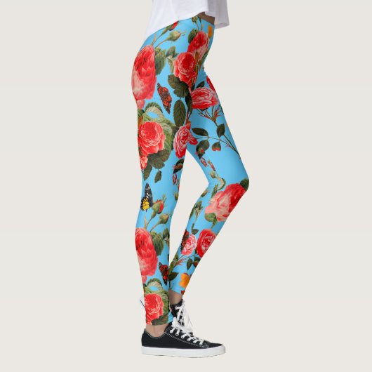 Leggings ROSES ROUGES ET BOUTTERFLIES JAUNES Floral Bleu (Droite)