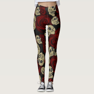 Leggings Roses rouges et crânes gris noir floral gothique