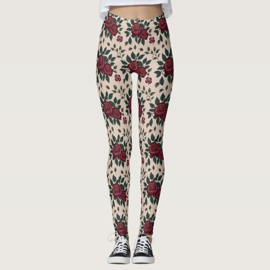Leggings Roses rouges foncés avec des feuilles vertes (Devant)