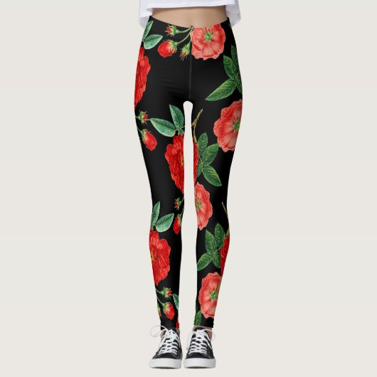 Leggings Roses rouges, fond noir, (Devant)