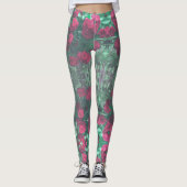Leggings Roses rouges pâles Fleurs Feuilles vertes (Devant)