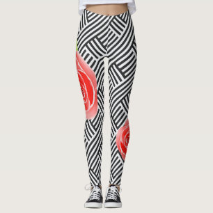 Leggings Roses Rouges Rayures Noires et Blanches