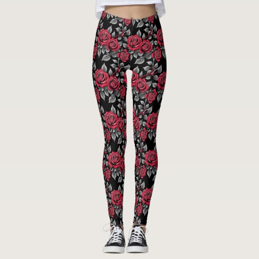 Leggings Roses Rouges Sur Un Fond Noir (Devant)