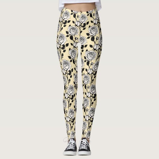 Leggings Roses simples noires et blanches dans un style gra (Devant)