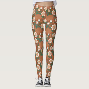 Leggings Roses Vert Clair Et Crème Sur Un Fond En Terracott