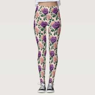 Leggings Roses Violettes Stylisées Avec Des Accents Verts