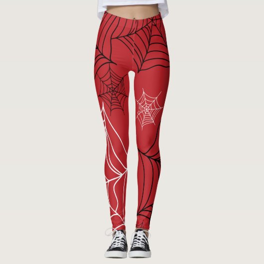 Leggings Rouge avec toiles d'araignées noires et blanches H (Devant)