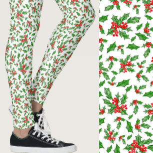 Leggings Rouge, blanc et vert motif de Noël de houx