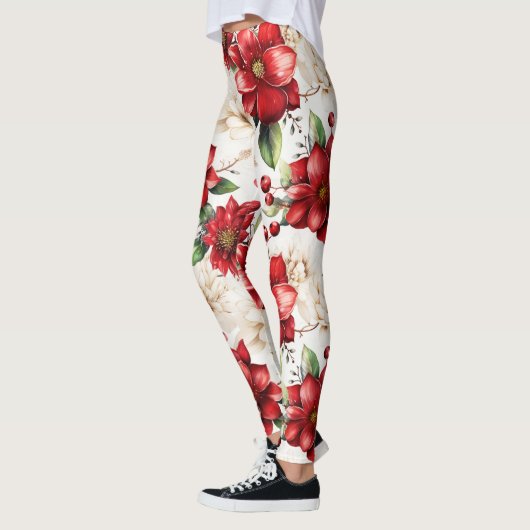 Leggings Rouge Blanc Vert Floral Motifs Élégants Grand Chic (Gauche)