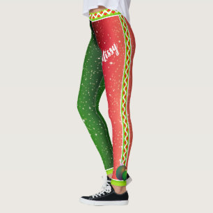 Leggings Rouge Blanc Vert / Votre Nom / Deux Tons Noël