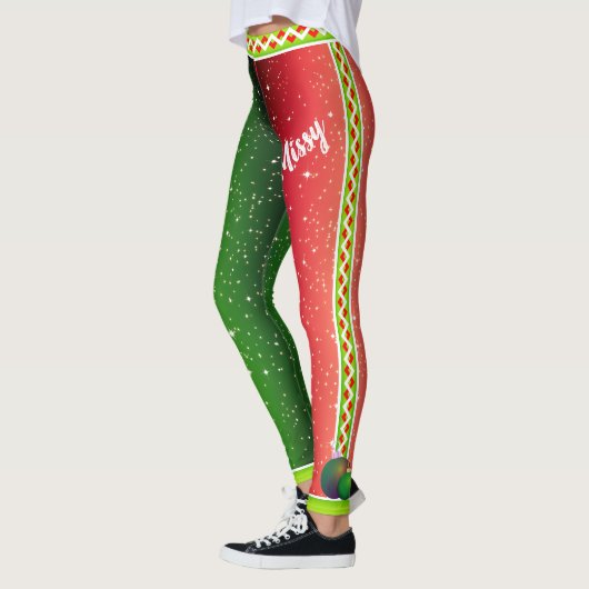 Leggings Rouge Blanc Vert / Votre Nom / Deux Tons Noël (Gauche)