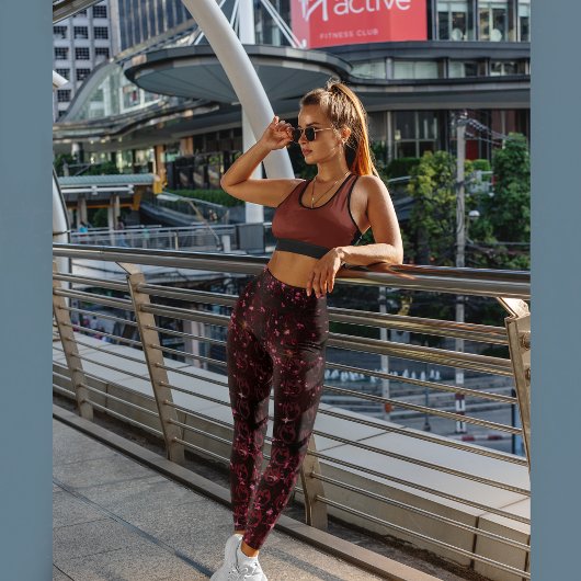 Leggings Rouge cerise foncé avec une impression de rose sur