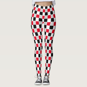 Leggings Rouge et noir et blanc à damiers moderne abstrait