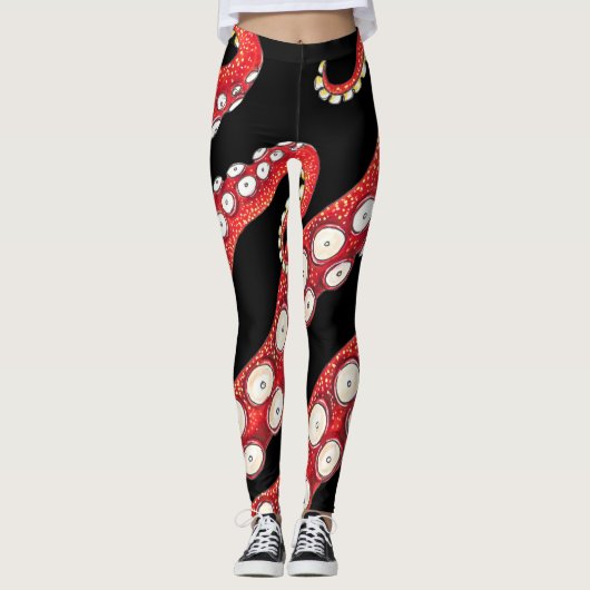 Leggings Rouge Kraken Octopus Tentacles Noir (Devant)