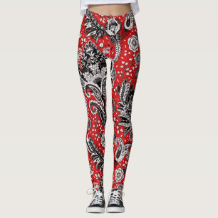 Leggings Rouge Noir & Blanc Floral Paisley Bohème Boho