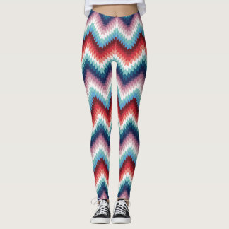 Leggings Rouge rustique et bleu motif ondulé zigzag tricoté