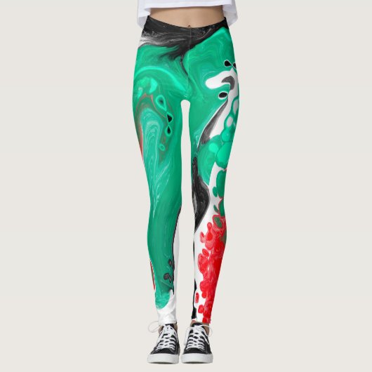 Leggings Rouge, vert, noir et Marbre blanc Fluid Art (Devant)