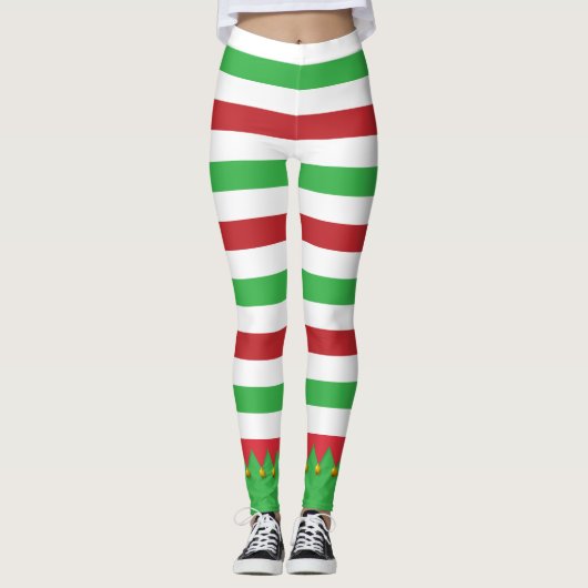 Leggings Rouge & Vert rayé mignon Noël Elf Noël (Devant)