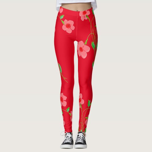 Leggings rouges floraux roses (Devant)