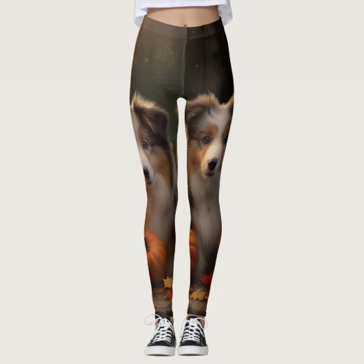 Leggings Rough Collie Puppy Automne Citrouille de plaisir (Devant)