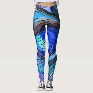 Leggings Royal Blue and Aqua Doodle With Black Lines