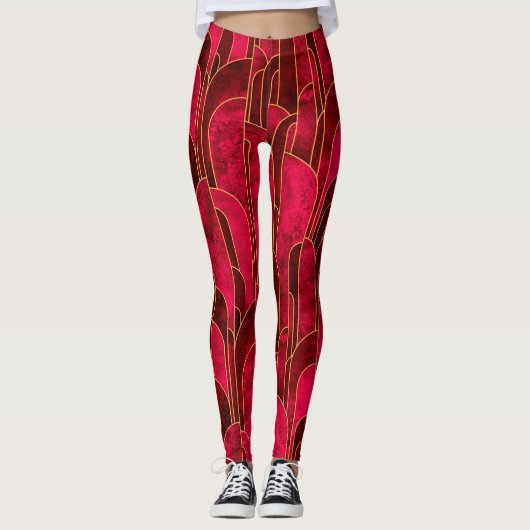 Leggings Royal Red and Gold Art Déco Motif (Devant)