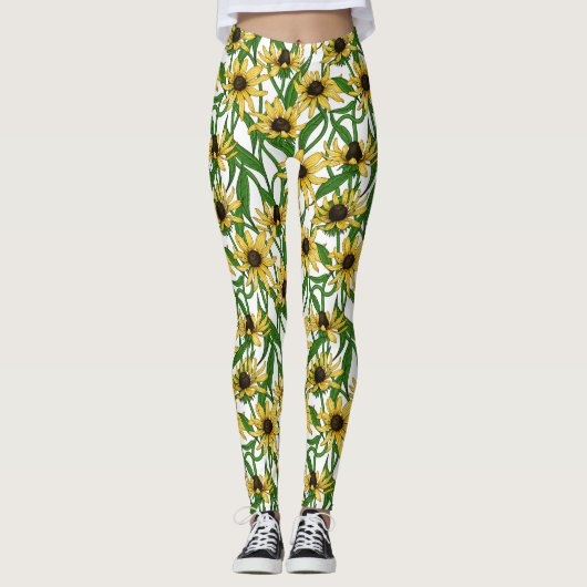 Leggings Rudbekia jaune sur blanc (Devant)