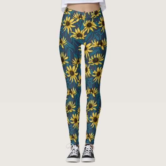 Leggings Rudbekia jaune sur la marine (Devant)