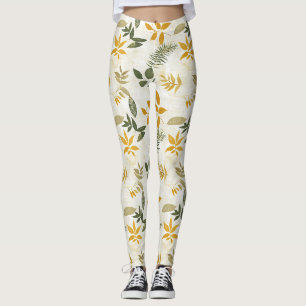 Leggings Rustique Vintage Or et Feuilles Vertes sur Crème