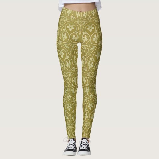 Leggings Sage Green et Gold Art Nouveau Motif (Devant)