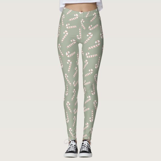 Leggings Sage vert avec Sucres de canne rouges et blancs (Devant)