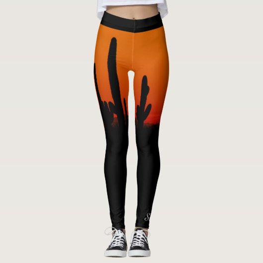 Leggings Saguaro coucher de soleil orange et noir, nom pers (Devant)