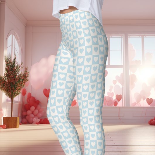 Leggings Saint-Valentin Cœur Damier Bleu Clair