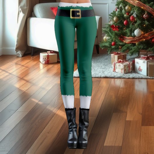 Leggings Santa Claus Elf Vert & Blanc Fourrure Botte Noël
