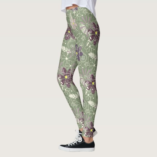 Leggings sauge prune violet plumes lilas fleurs motif (Gauche)