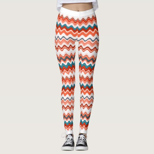 Leggings Saumon de corail Orange Blue Wavy Zigzag Motif (Devant)