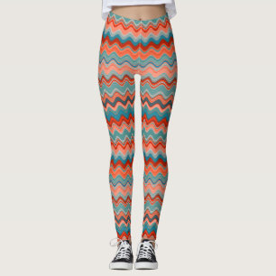 Leggings Saumon de corail Orange Turquoise Wavy Zigzag Moti