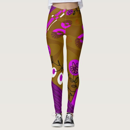 Leggings Schintz Bohème Illustration Brown violet noir (Devant)