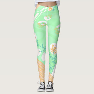 Leggings Schintz Bohème Illustration Vert Orange Turquoise