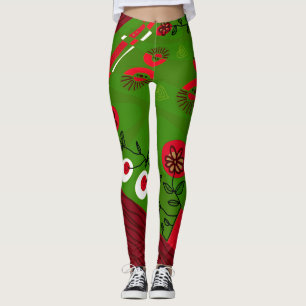 Leggings Schintz Bohème Illustration Vert Rouge Noir