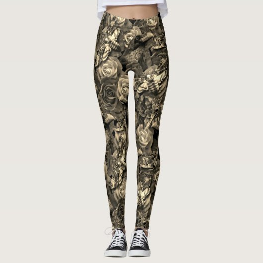 Leggings Sepia Death Head Hawk Moths Goth Raven avec Roses (Devant)