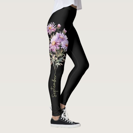 Leggings Septembre Fleur de naissance avec des fleurs viole (Droite)