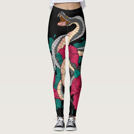 Leggings Serpent Et Rose Rouge (Devant)
