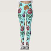 Leggings Shabby Poppy Red Purple sur Aqua Turquoise Art (Devant)